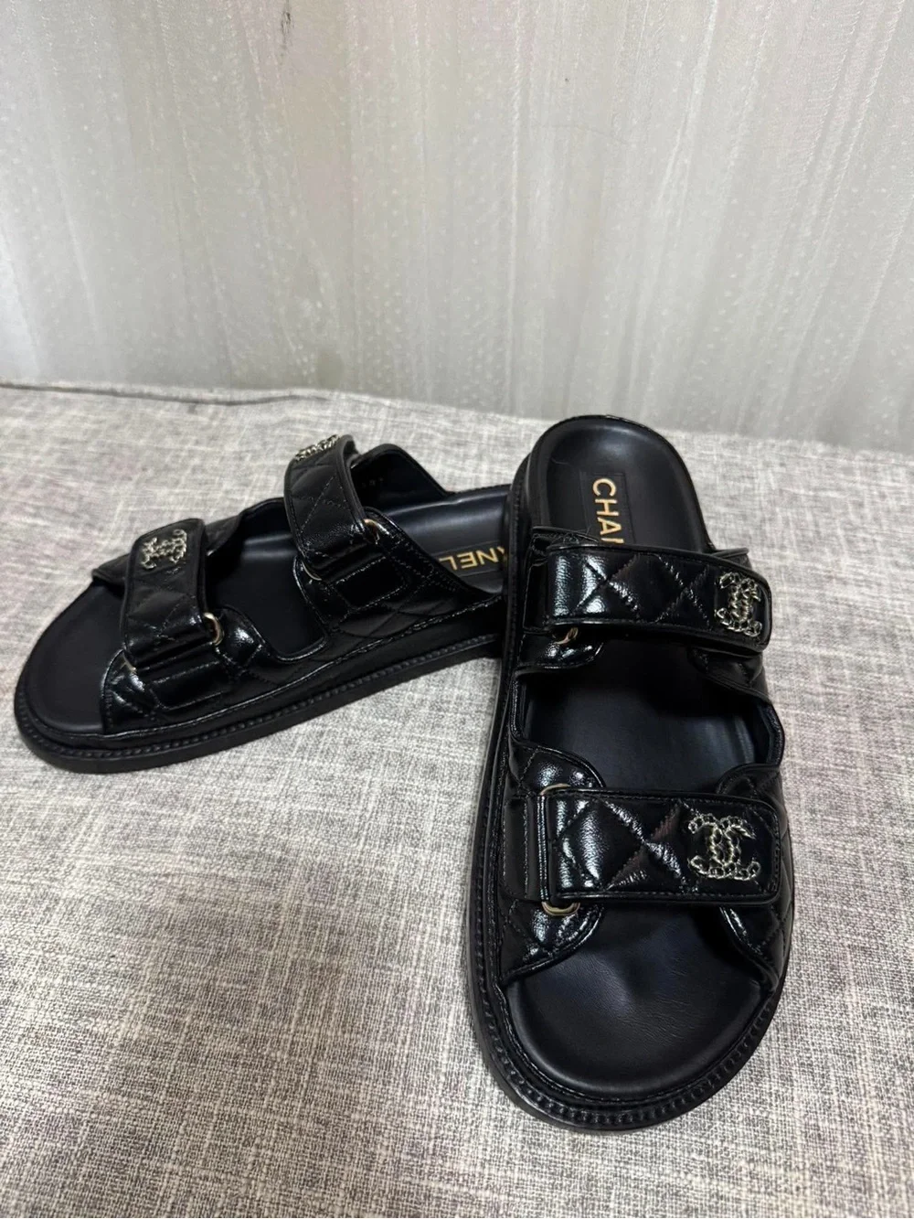 CHANEL Black Quilted Leather Double-Strap Men’s Slide Sandals